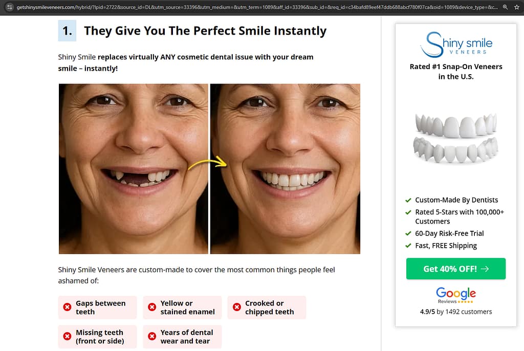 AI Generated 'before and after' image used by Shiny Smile Veneers on their fake review site