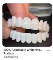Adjustable snap-on veneers close-up product advertisement.