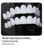 Removable snap-on veneers product image showing upper and lower veneer trays.