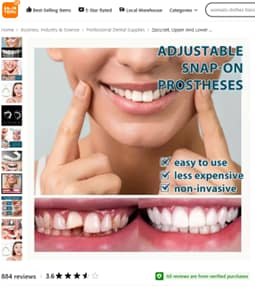 Adjustable snap-on veneer advertisement with before-and-after removable veneer comparison image.