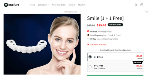 Venolure snap-on veneer promotional image with removable veneer and smiling model.
