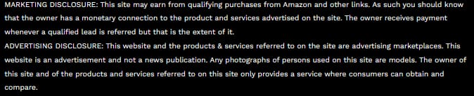 Shiny Smile review website's footer disclaiming that the site is being used for advertising and affiliate purposes