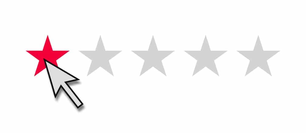 Customer satisfaction - 1 red star rating with mouse arrow snap on smile reviews are negative