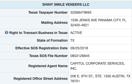 Shiny Smile Veneers è stato depositato nel settembre del 2018.
